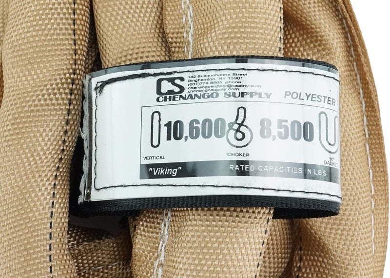 Chenango Supply VR4 8 Foot Endless Round Lifting Sling – USA Made Polyester, 10,600 lb Vertical, 8,500 lb Choker, 21,200 lb Basket – Double-Ply Cover, Tan Poly Round Rigging Sling - Image 2